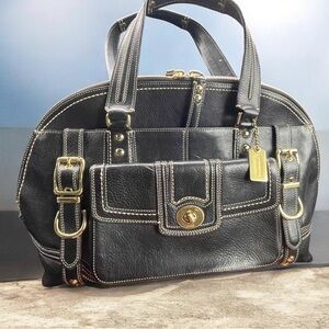 Coach Hampton-Black Leather Satchel Handbag with Gold Hardware